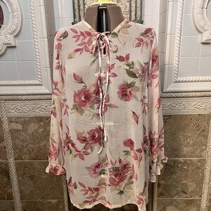 Venezia. Size Large. Chiffon Sheer Pink Floral. Tie Neck Pullover. B118